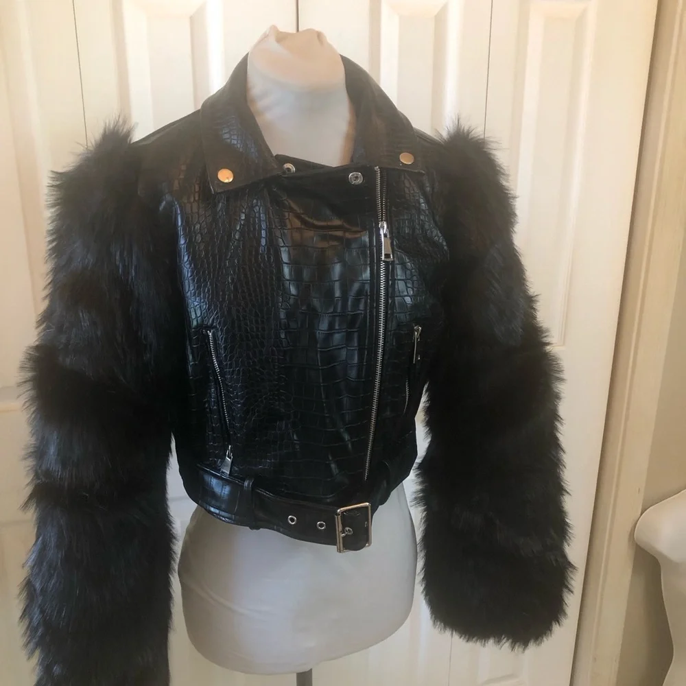 Black Croc-Embossed Faux Leather Moto Jacket with Faux Fur Sleeves